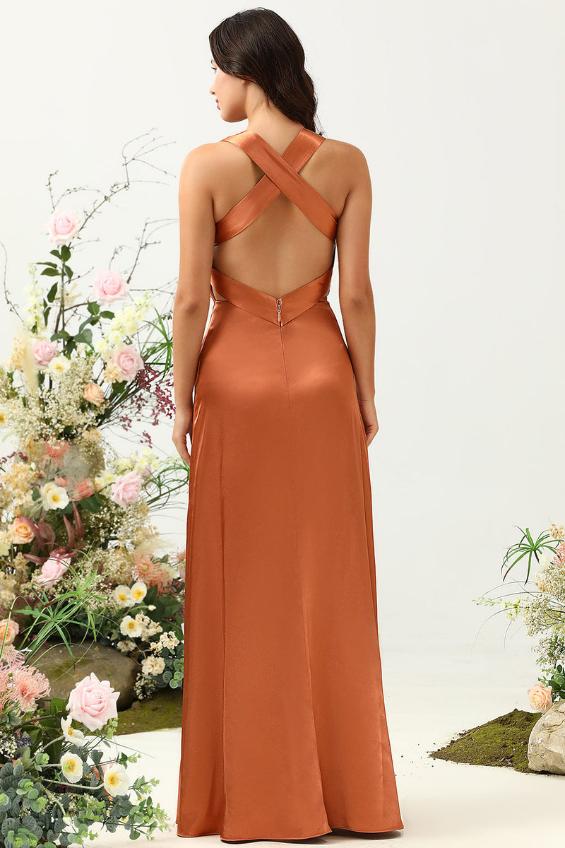 Załaduj obraz do przeglądarki galerii, Linia Halter Neck Copper Long Bridesmaid Dress z Criss Cross Back
