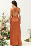 Linia Halter Neck Copper Long Bridesmaid Dress z Criss Cross Back