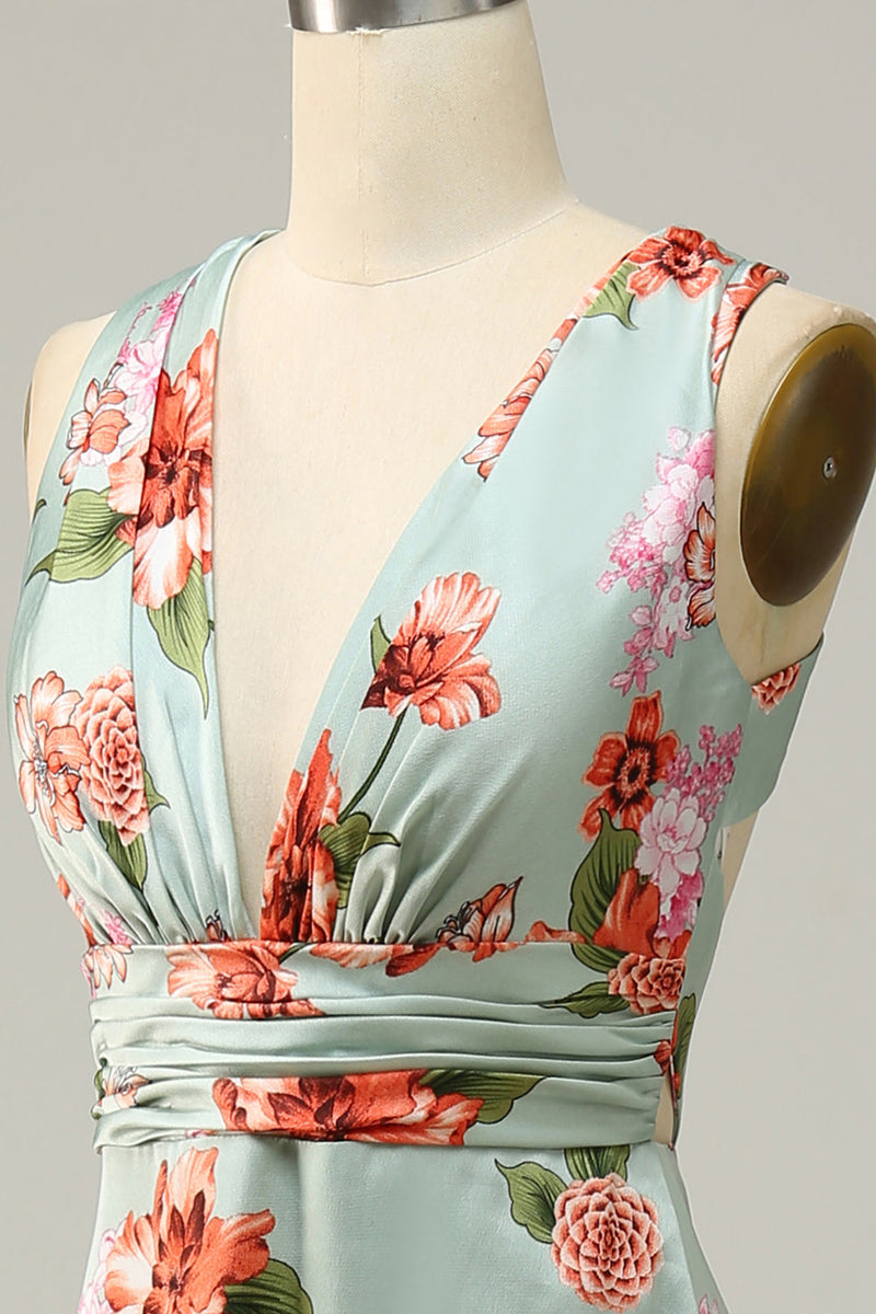 Załaduj obraz do przeglądarki galerii, Dekolt V Kwiatowy Nadruk Zielone Sukienki Dla Druhny