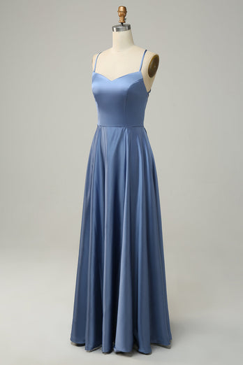 Szaro-niebieska Długa Sukienka Na Wesele Bez Pleców