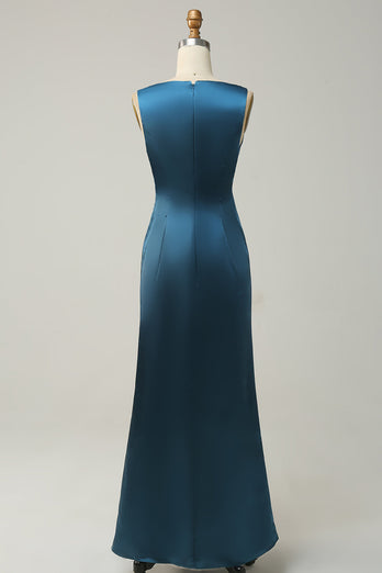 Atramentowa niebieska satynowa długa sukienka dla druhen