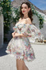 Załaduj obraz do przeglądarki galerii, Trendy A Line Ivory Floral Printed Short Tille Homecoming Dress z krótkim rękawem