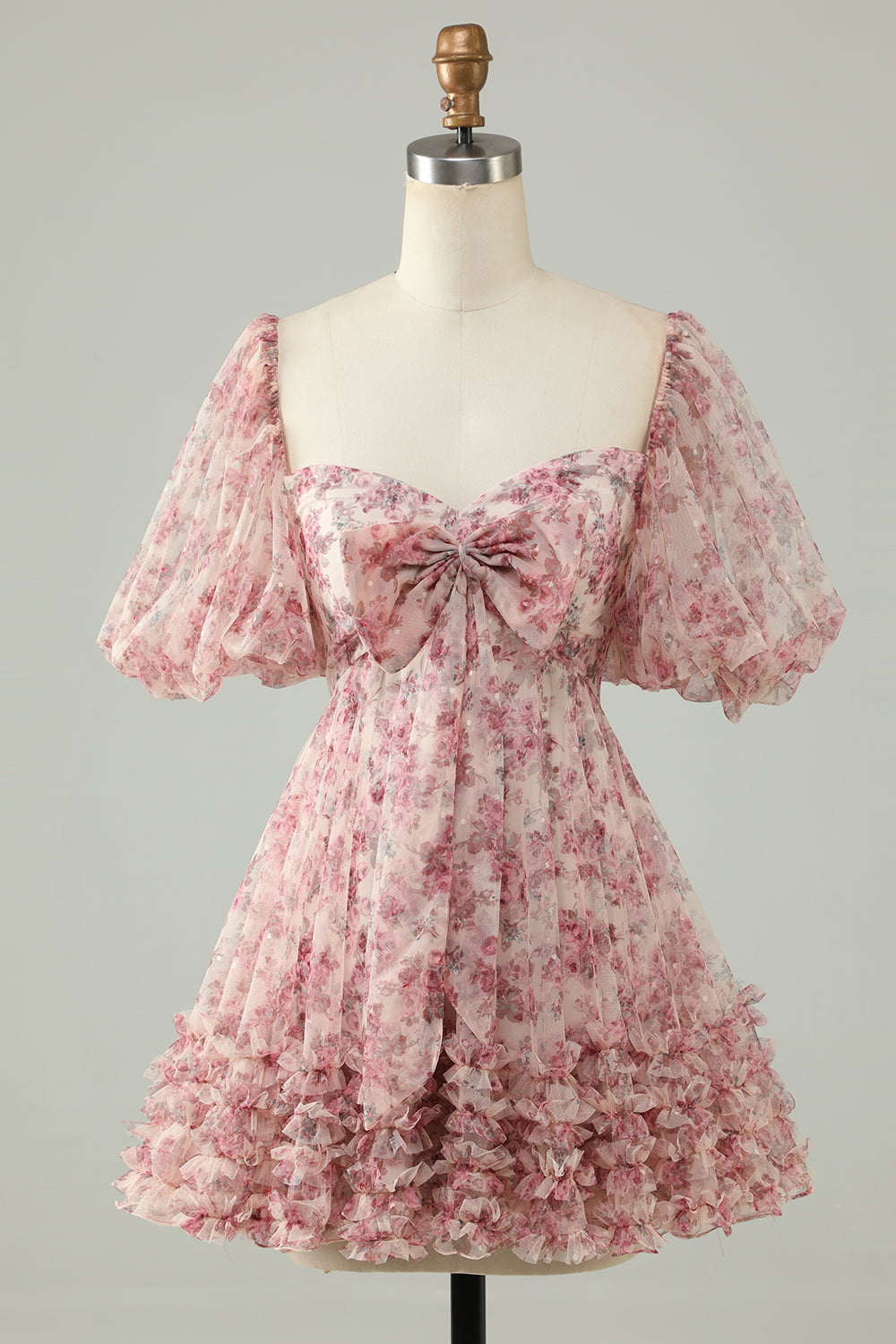 Fioletowe A-Line Puff Sleeves Tiul Krótka sukienka Homecoming