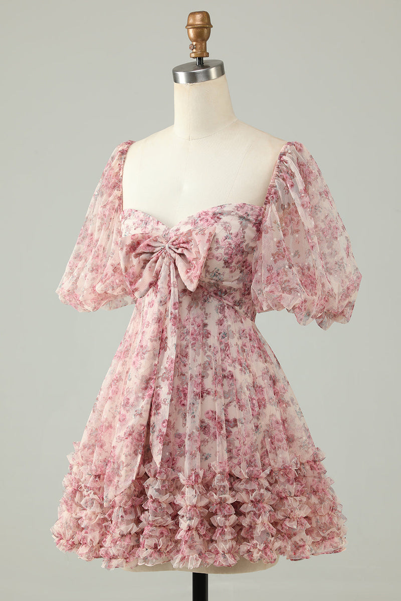 Załaduj obraz do przeglądarki galerii, Fioletowe A-Line Puff Sleeves Tiul Krótka sukienka Homecoming