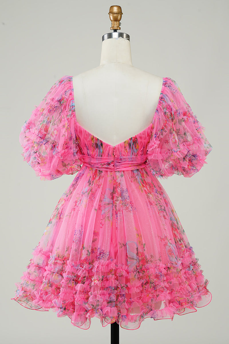 Załaduj obraz do przeglądarki galerii, Gorąca różowa drukowana urocza sukienka Homecoming z kokardą