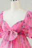 Załaduj obraz do przeglądarki galerii, Gorąca różowa drukowana urocza sukienka Homecoming z kokardą