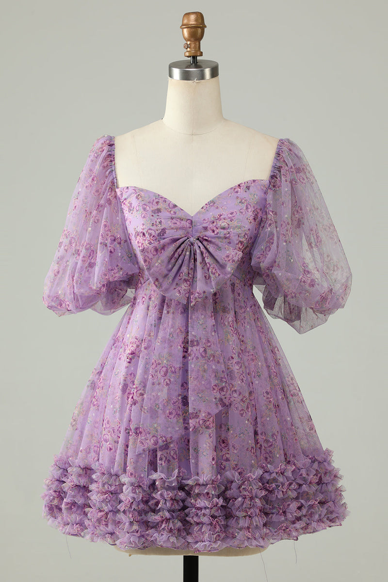 Załaduj obraz do przeglądarki galerii, Fioletowe A-Line Puff Sleeves Tiul Krótka sukienka Homecoming