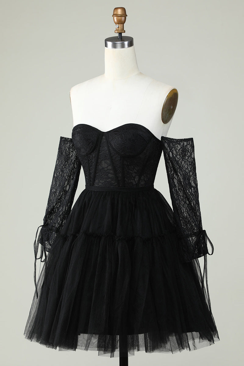 Załaduj obraz do przeglądarki galerii, Linia Z Czarnego Gorsetu Na Ramieniu Sukienki Na Impreze Z Długimi Rękawami