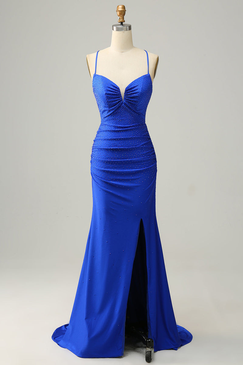 Załaduj obraz do przeglądarki galerii, Syrena Królewska Niebieska Sukienki Wieczorowe z Frezowaniem