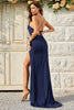Załaduj obraz do przeglądarki galerii, Syrena Granatowa Długa Sukienki Na Studniówke Z Rozcięciem
