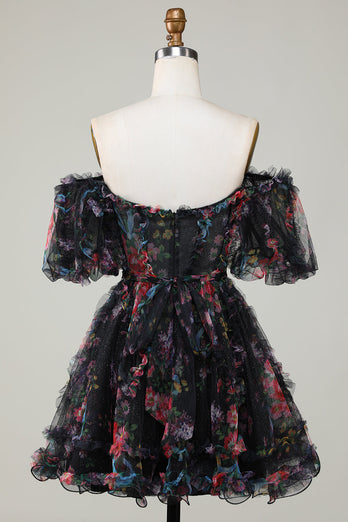 Piękna linia z ramienia Fuchsia Tulle Krótka sukienka Homecoming z krótkim rękawem