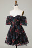Załaduj obraz do przeglądarki galerii, Piękna linia z ramienia Fuchsia Tulle Krótka sukienka Homecoming z krótkim rękawem
