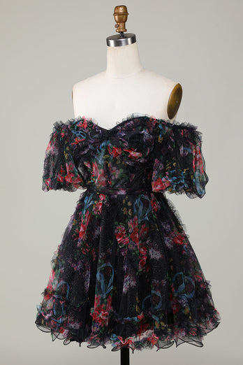 Piękna linia z ramienia Fuchsia Tulle Krótka sukienka Homecoming z krótkim rękawem