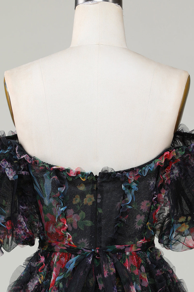 Załaduj obraz do przeglądarki galerii, Stylowa linia z ramienia czarna tiulowa krótka sukienka do domu z krótkim rękawem