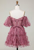 Załaduj obraz do przeglądarki galerii, Stylowa linia z ramienia Dusty Rose Tulle Krótka sukienka Homecoming z krótkimi rękawami