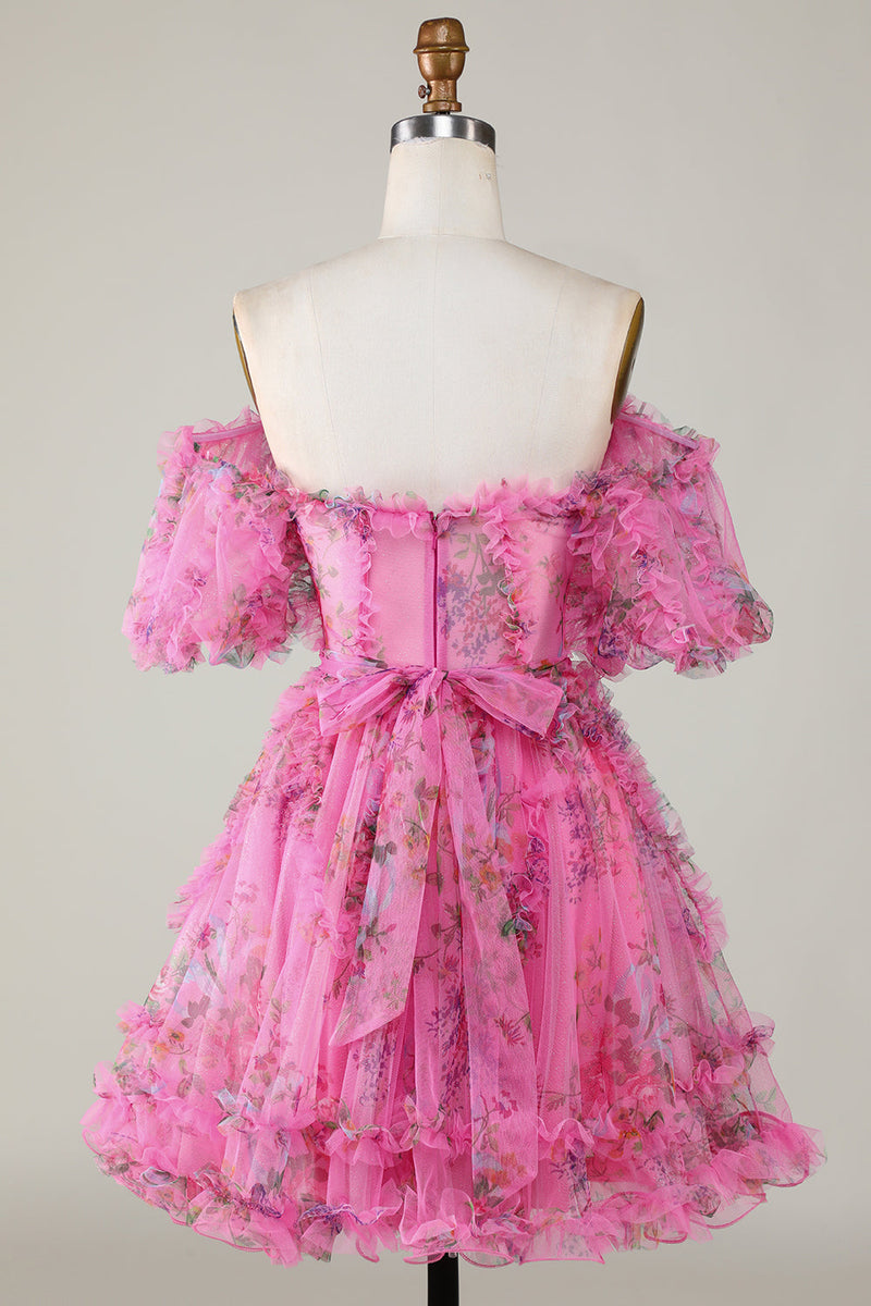 Załaduj obraz do przeglądarki galerii, Stylowa linia z ramienia Dusty Rose Tulle Krótka sukienka Homecoming z krótkimi rękawami