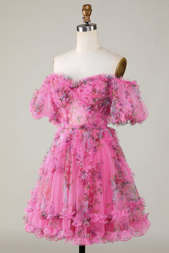 Piękna linia z ramienia Dusty Rose Tulle Krótka sukienka Homecoming z krótkim rękawem