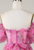 Załaduj obraz do przeglądarki galerii, Gorgeous A Line Off the Shoulder Fuchsia Tinle Krótka sukienka Homecoming z krótkimi rękawami
