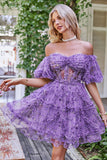 Gorgeous A Line Off the Shoulder Fuchsia Tinle Krótka sukienka Homecoming z krótkimi rękawami