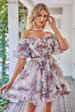 Gorgeous A Line Off the Shoulder Fuchsia Tinle Krótka sukienka Homecoming z krótkimi rękawami