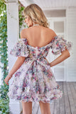 Gorgeous A Line Off the Shoulder Fuchsia Tinle Krótka sukienka Homecoming z krótkimi rękawami