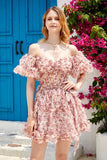 Gorgeous A Line Off the Shoulder Fuchsia Tinle Krótka sukienka Homecoming z krótkimi rękawami