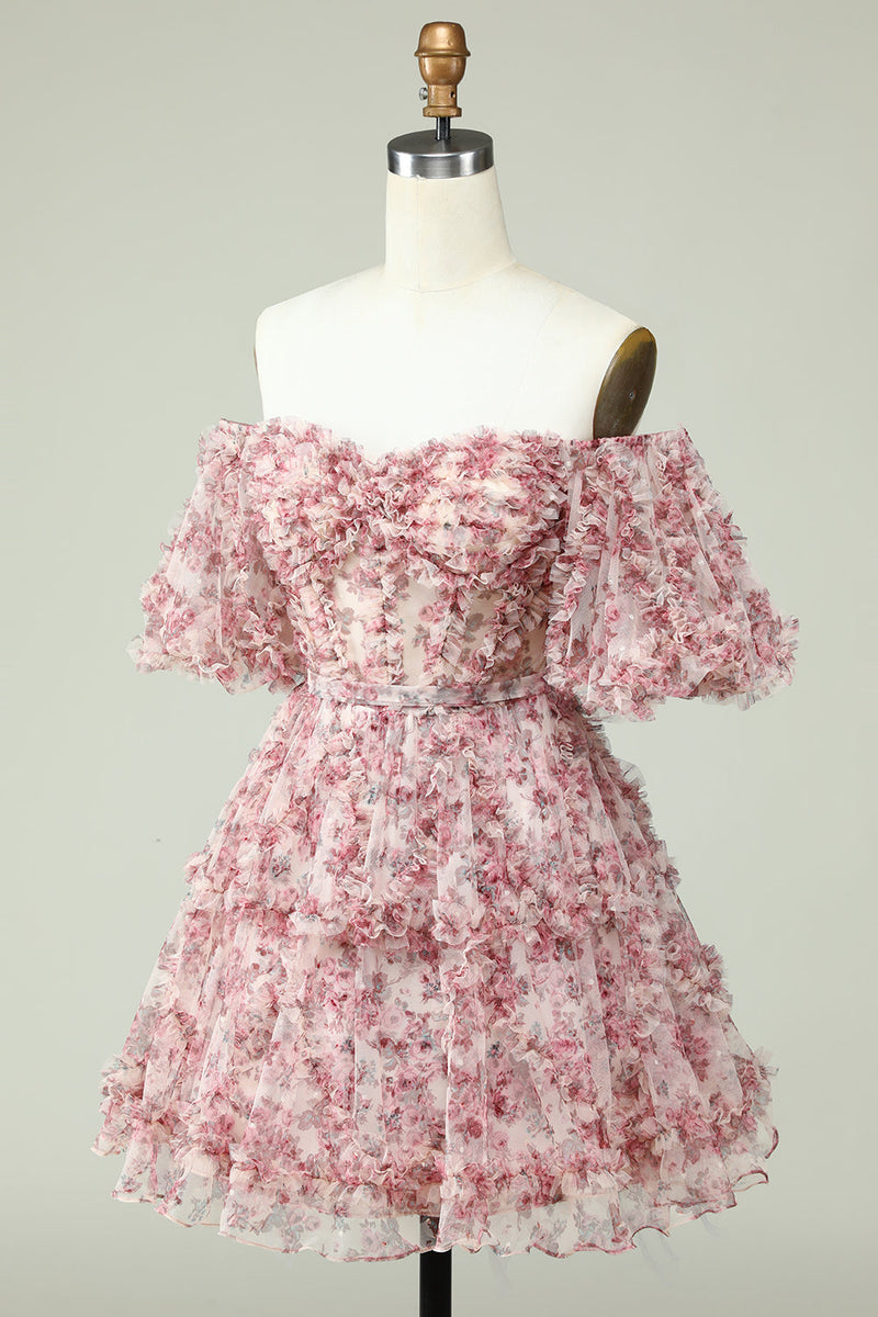 Załaduj obraz do przeglądarki galerii, Sukienki Koktajlowe Z Ramion Z Kwiatowym Nadrukiem