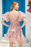 Gorgeous A Line Off the Shoulder Fuchsia Tinle Krótka sukienka Homecoming z krótkimi rękawami