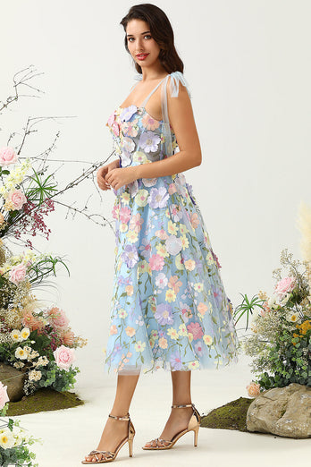 Cienkich Ramiączkach Niebieska Sukienki Na Studniówke z Kwiatami 3D