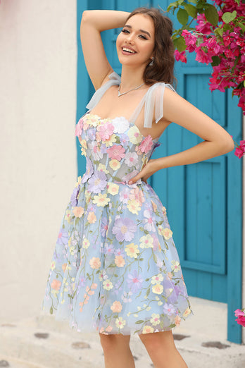 Niebieski Gorsetowa Krótkie Sukienki Koktajlowe z Kwiatami 3D