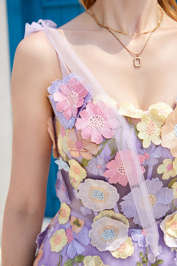Długa Fioletowa Sukienki Na Studniówke z Kwiatami 3D