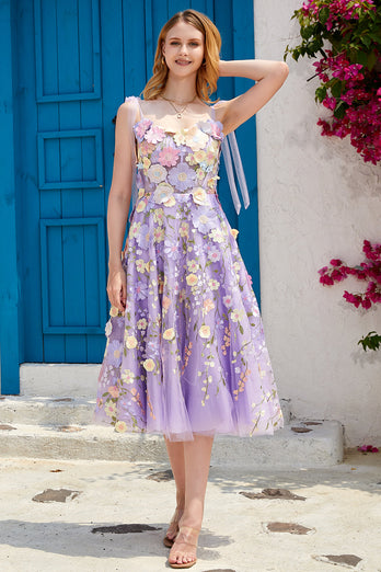 Długa Fioletowa Sukienki Na Studniówke z Kwiatami 3D