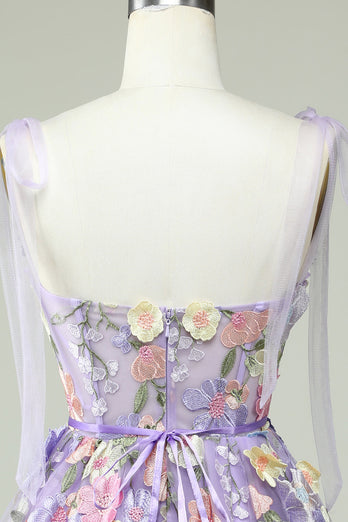 Linia Cienkich Ramiączkach Fioletowy Sukienki Koktajlowe z Gorsetem z Kwiatami 3D