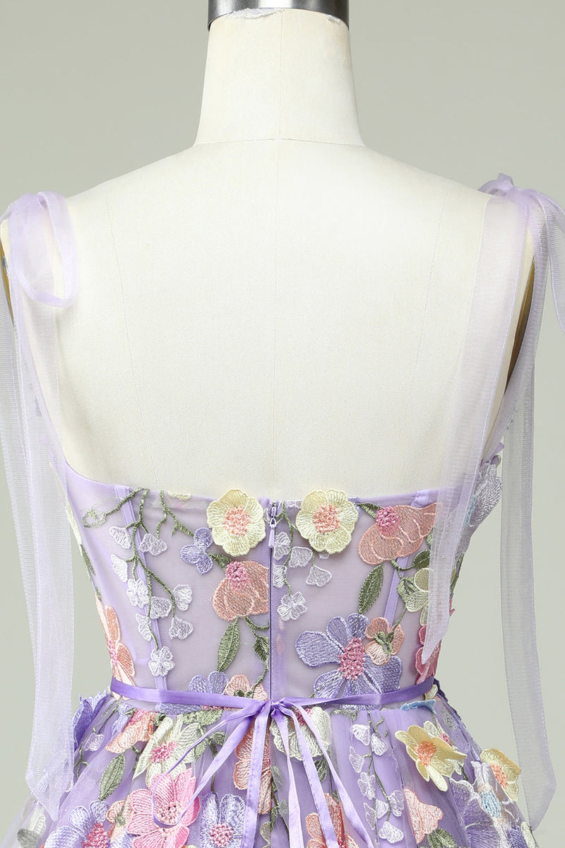 Załaduj obraz do przeglądarki galerii, Linia Cienkich Ramiączkach Fioletowy Sukienki Koktajlowe z Gorsetem z Kwiatami 3D