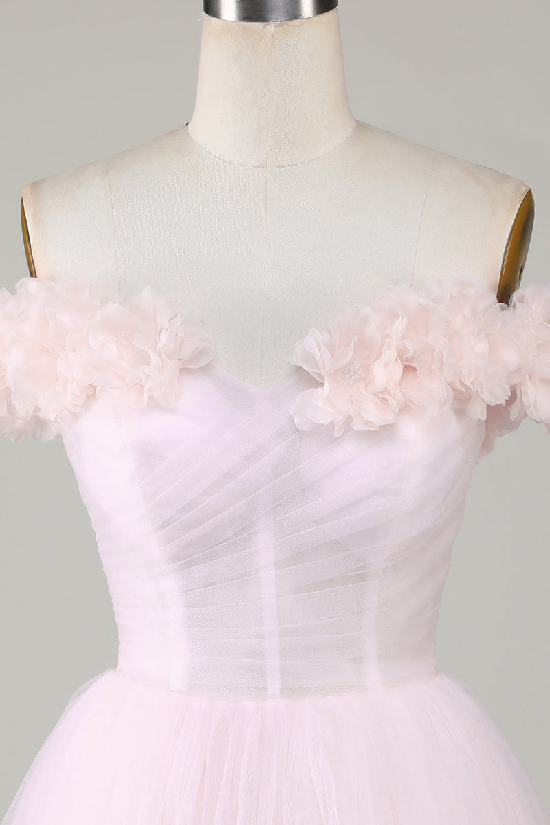 Załaduj obraz do przeglądarki galerii, Śliczna Linia Z Ramienia Różowa Krótka Sukienka Z Kwiatami