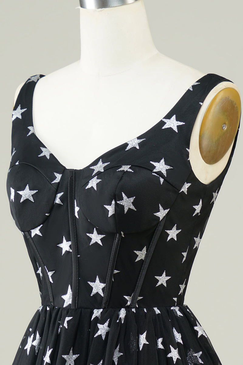 Załaduj obraz do przeglądarki galerii, Cute A Line V Neck Czarny Tiul Krótka sukienka Homecoming z gwiazdami
