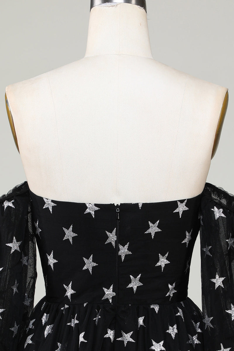 Załaduj obraz do przeglądarki galerii, Linia z ramienia Black Stars Krótka sukienka do powrotu do domu