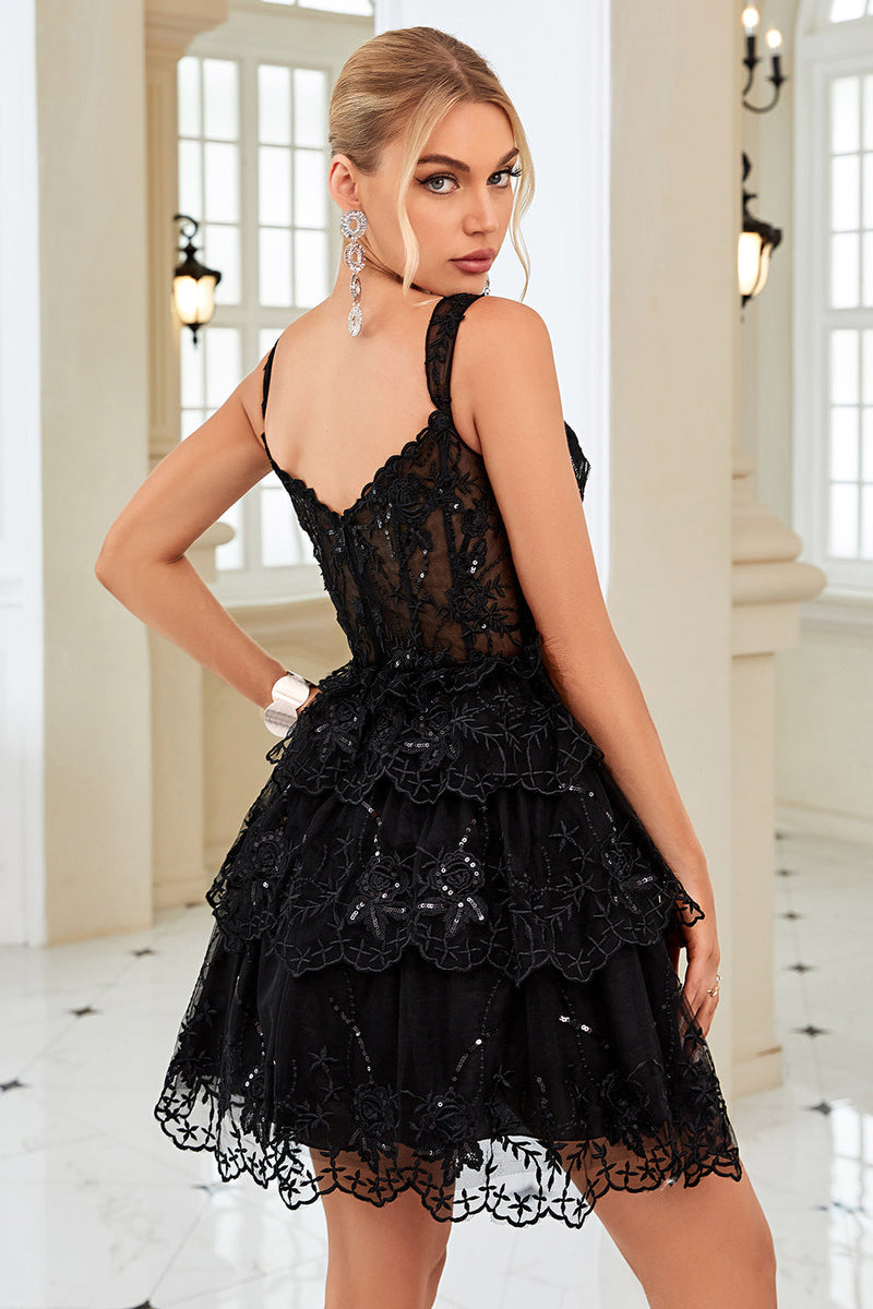Załaduj obraz do przeglądarki galerii, Cute A Line Czarny gorset warstwowy krótki homecoming sukienka z koronką