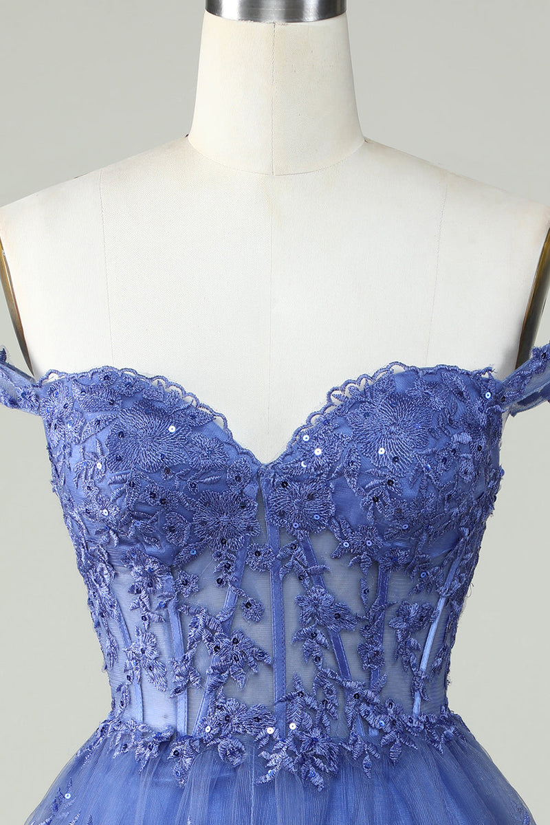 Załaduj obraz do przeglądarki galerii, Ciemnoniebieski Gorset Warstwowa Krótka Sukienki Koktajlowe Z Koronką