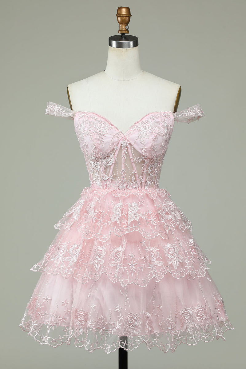 Załaduj obraz do przeglądarki galerii, Różowa Sukienka z Odkrytymi Ramionami z Gorsetem
