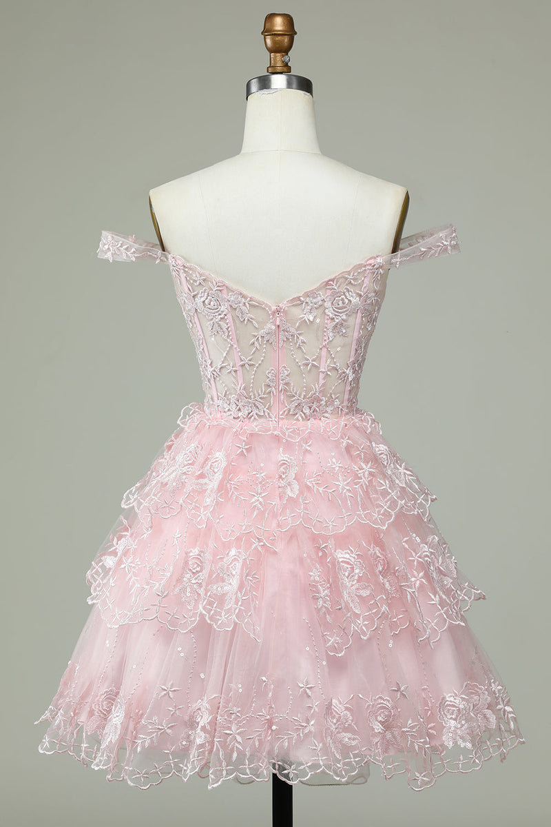 Załaduj obraz do przeglądarki galerii, Różowa Sukienka z Odkrytymi Ramionami z Gorsetem