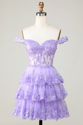 Princess A Line Purple Gorset Tiered Short Homecoming Dress z koronką
