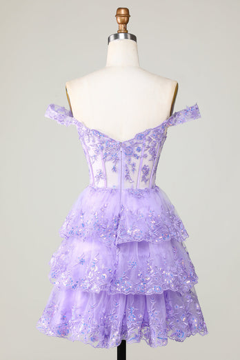 Princess A Line Purple Gorset Tiered Short Homecoming Dress z koronką