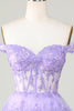 Załaduj obraz do przeglądarki galerii, Princess A Line Purple Gorset Tiered Short Homecoming Dress z koronką