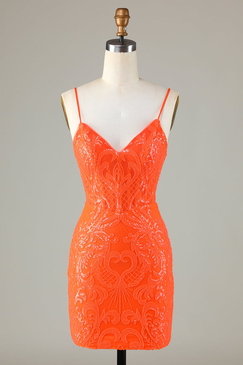 Załaduj obraz do przeglądarki galerii, Błyszczące cekiny obcisła pomarańczowa sukienka Homecoming