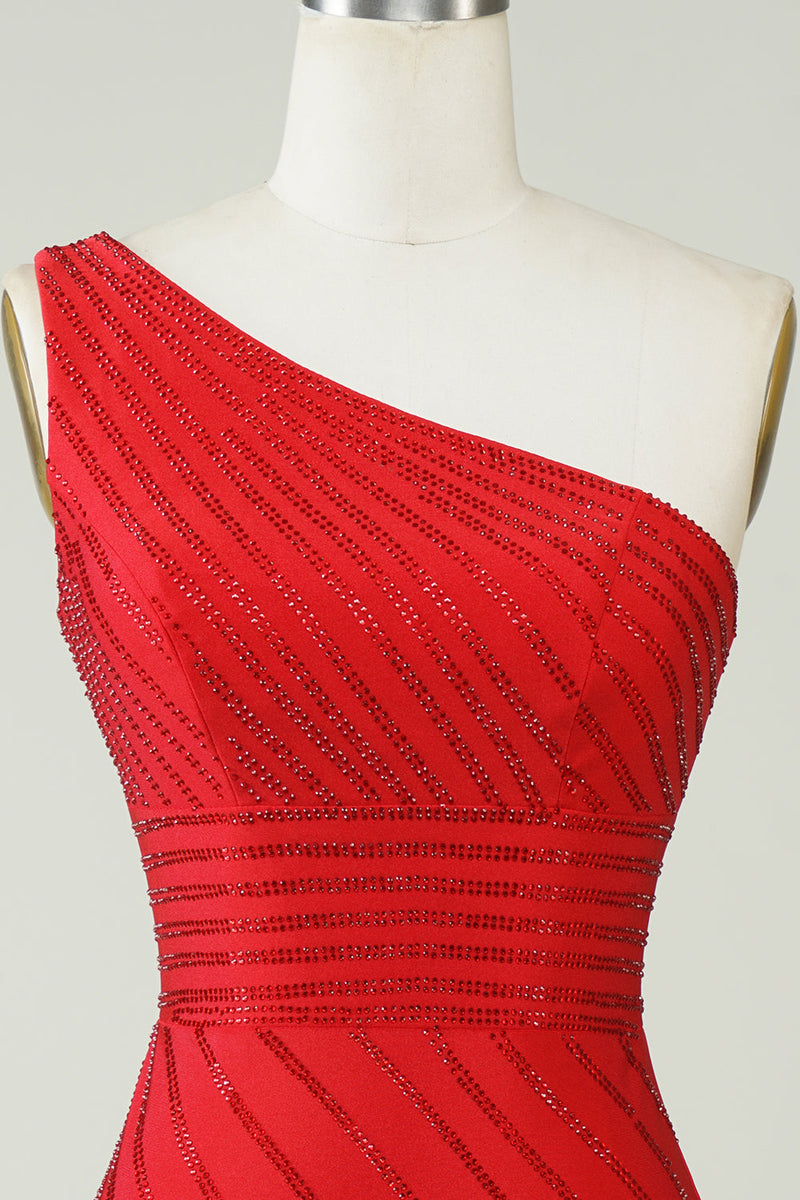 Załaduj obraz do przeglądarki galerii, Błyszcząca czerwona krótka sukienka na jedno ramię z koralikami