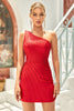 Załaduj obraz do przeglądarki galerii, Czerwona Na Jedno Ramię Sukienki Koktajlowe z Koralikami
