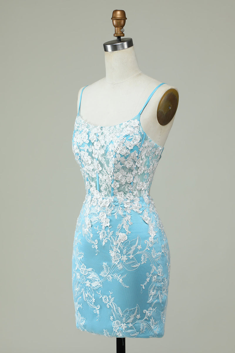 Załaduj obraz do przeglądarki galerii, Płaszcz Cienkich Ramiączkach Jasnoniebieska Krótka Sukienki Koktajlowe z Aplikacjami