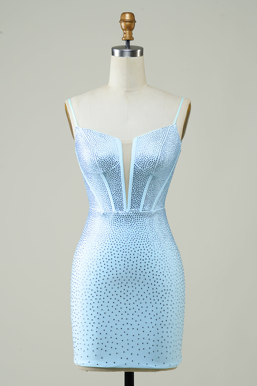Stylowe paski spaghetti w pochwie Niebieska krótka sukienka Homecoming z koralikami