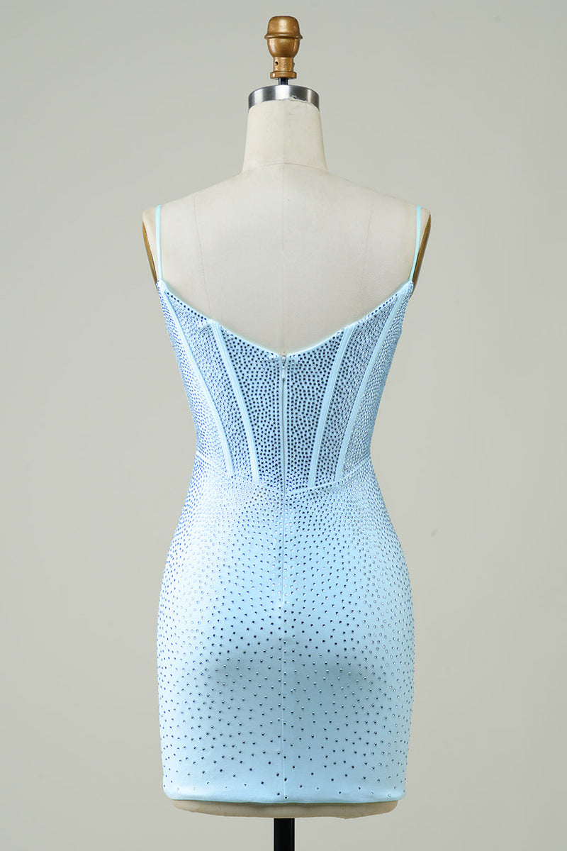 Załaduj obraz do przeglądarki galerii, Stylowe paski spaghetti w pochwie Niebieska krótka sukienka Homecoming z koralikami